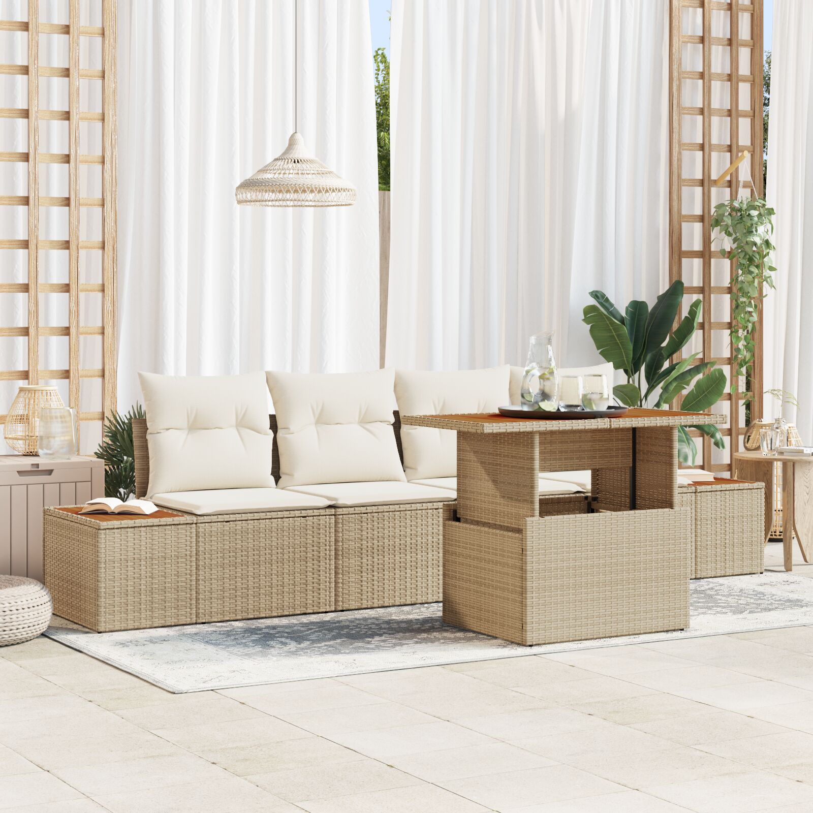 Tuin Sofa Set 5-Delig Beige Hars Wicker En Polyester Tuin Sofa