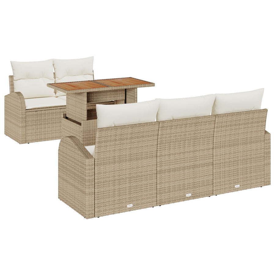 6-Delige Tuin Eetset Met Kussens Beige Poly Rattan Acacia