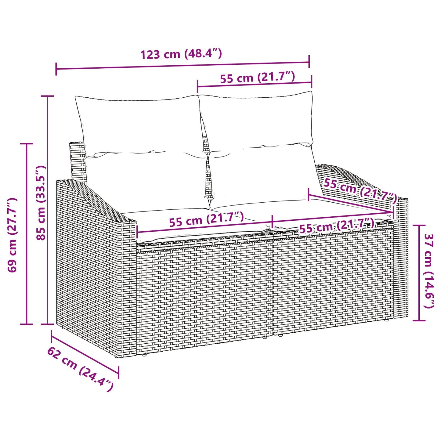 2-Zits Tuinsofa & Kussens Poly Rattan Zwart met opslag
