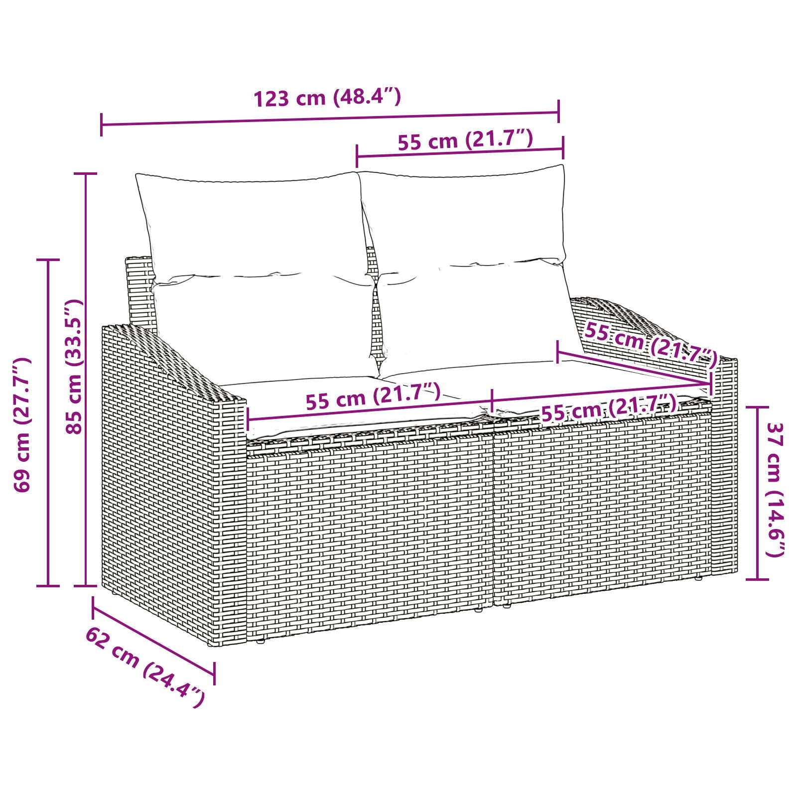 2-Zits Tuinsofa & Kussens Poly Rattan Zwart met opslag