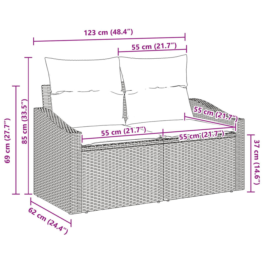 2-Zits Tuinsofa & Kussens Poly Rattan Zwart met opslag