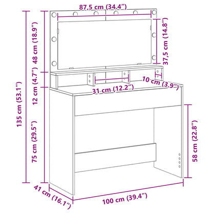 Make-Up Tafel Met Led Lichten In , Ambachtelijk eiken 100 x 41 x 135 cm