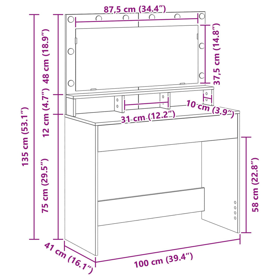 Make-Up Tafel Met Led Lichten In , Ambachtelijk eiken 100 x 41 x 135 cm