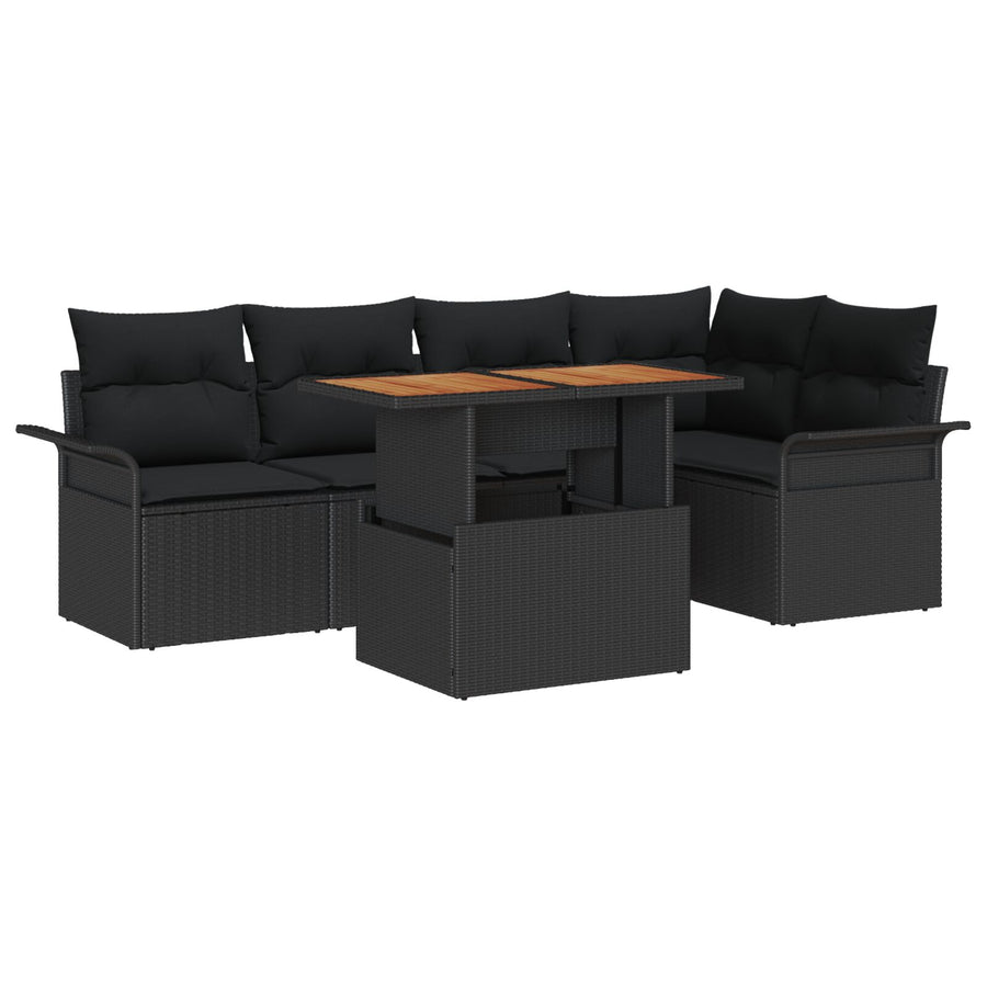 6-Delige Tuin Eettafel Set Met Kussens Zwart Poly Rattan Acacia