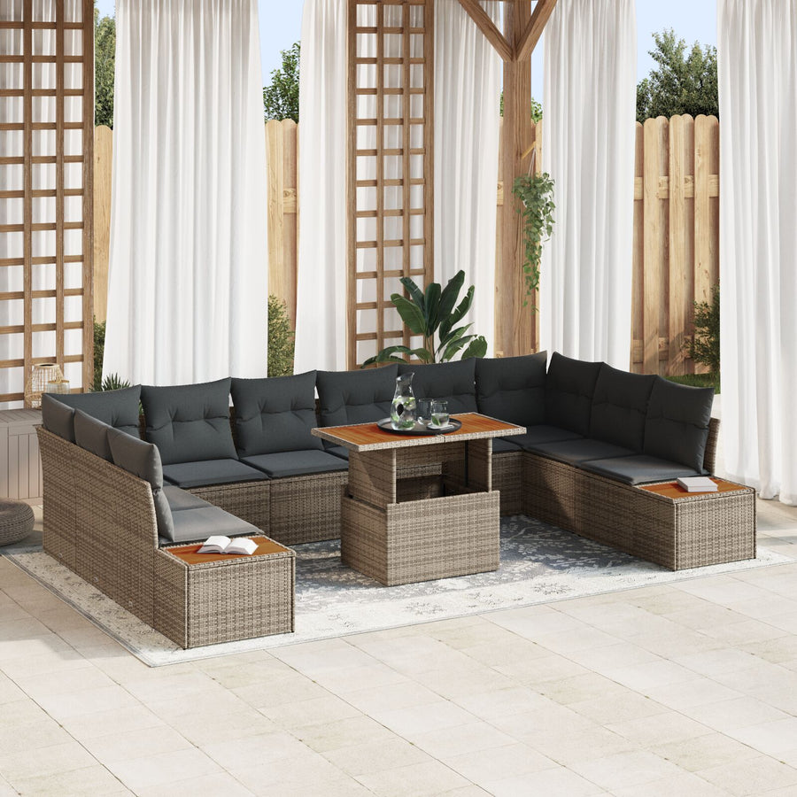 11-Delige Tuin Eettafelset Met Kussens Grijs Poly Rattan Acacia