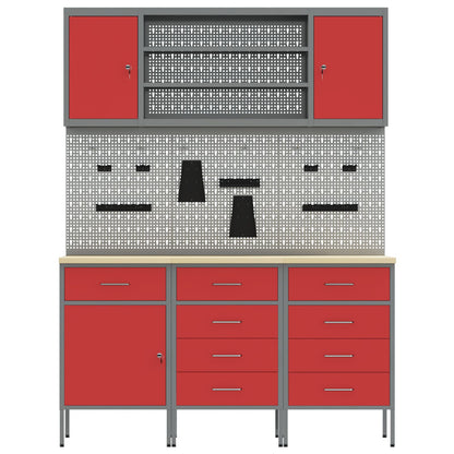 7-Delige Werkbank Set Staal 3x (84/85/85 cm) Rood 4x kast + 4x perforatiepaneel