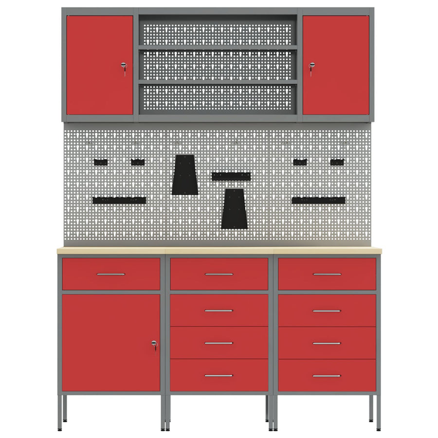 7-Delige Werkbank Set Staal 3x (84/85/85 cm) Rood 4x kast + 4x perforatiepaneel