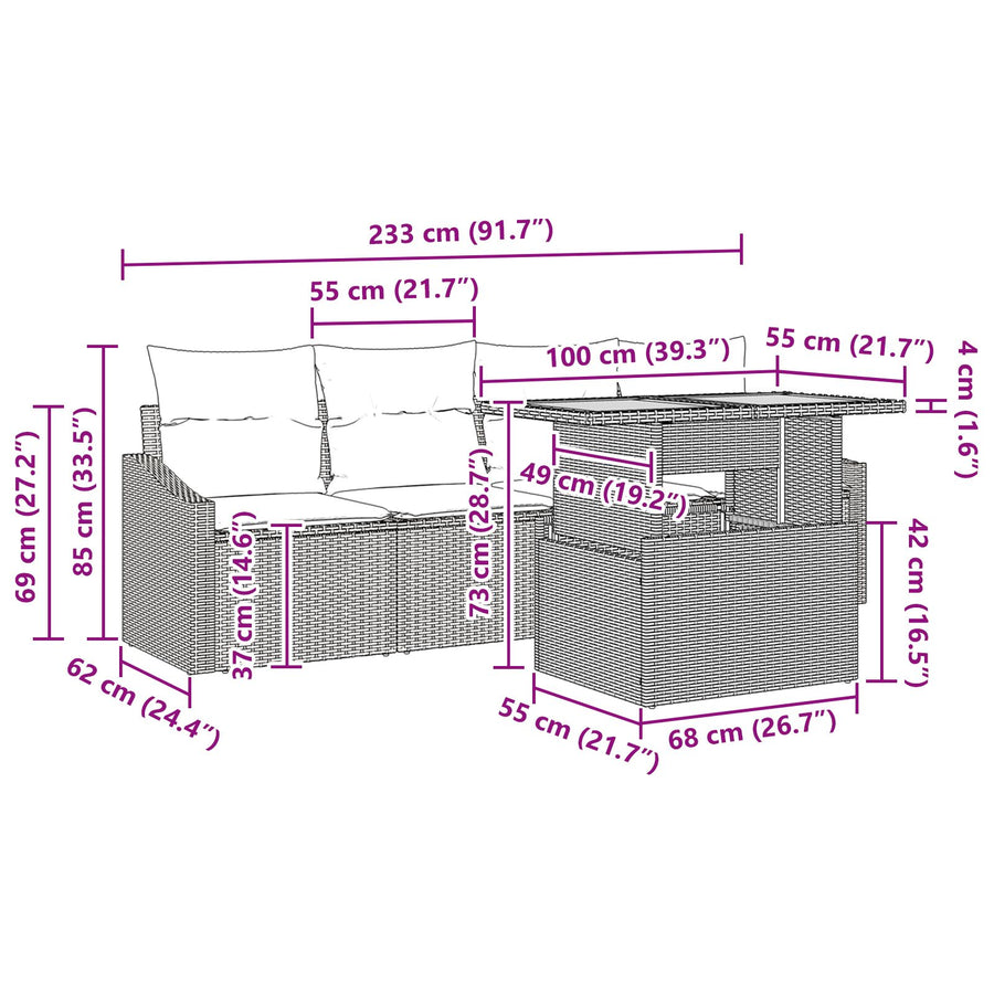 5-Delige Tuin Eetset Met Kussens In Zwart Poly Rattan En Acacia Tafel