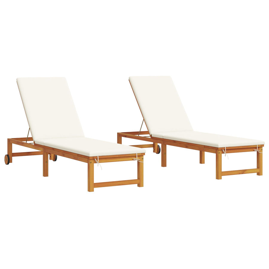 Zonne Ligstoelen 2 Stuks Met Kussens Massief Acacia Hout,  Zonne Ligstoel Met Crème Kussens Massief Acacia Hout