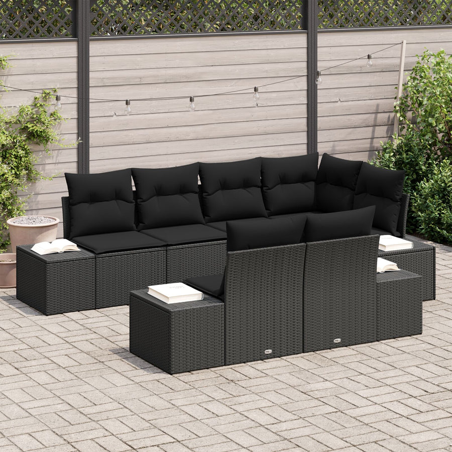 7-Delige Tuinbankset Met Kussens Zwart Poly Rattan