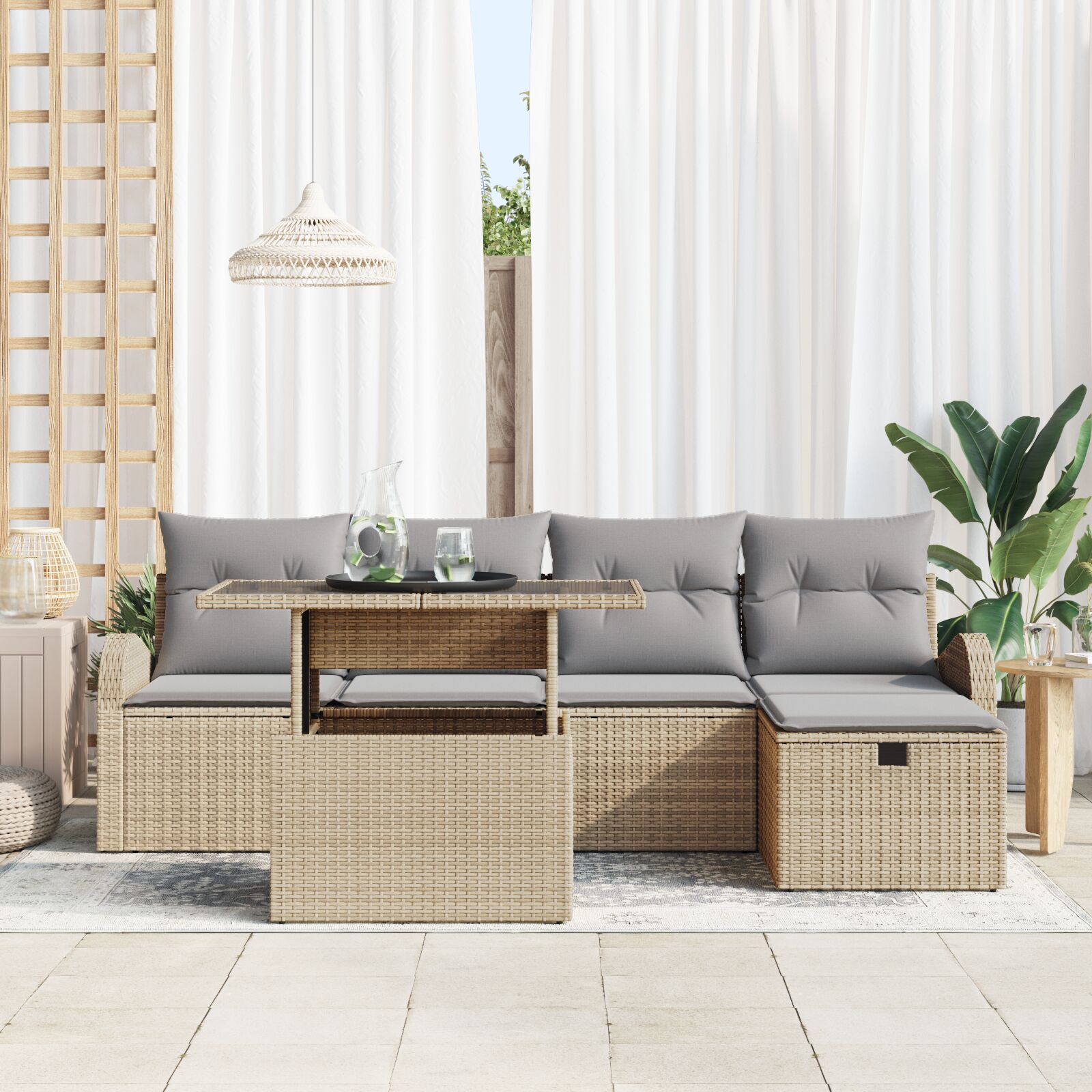 6-Delige Tuinbank Set Met Kussens Beige Poly Riet