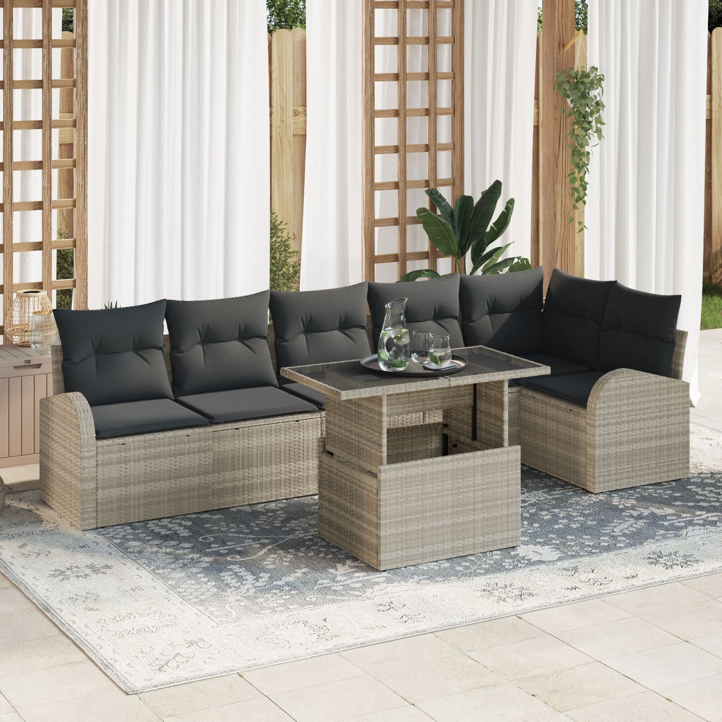 7-Delige Tuinbankset Met Kussens Lichtgrijs Poly Rattan