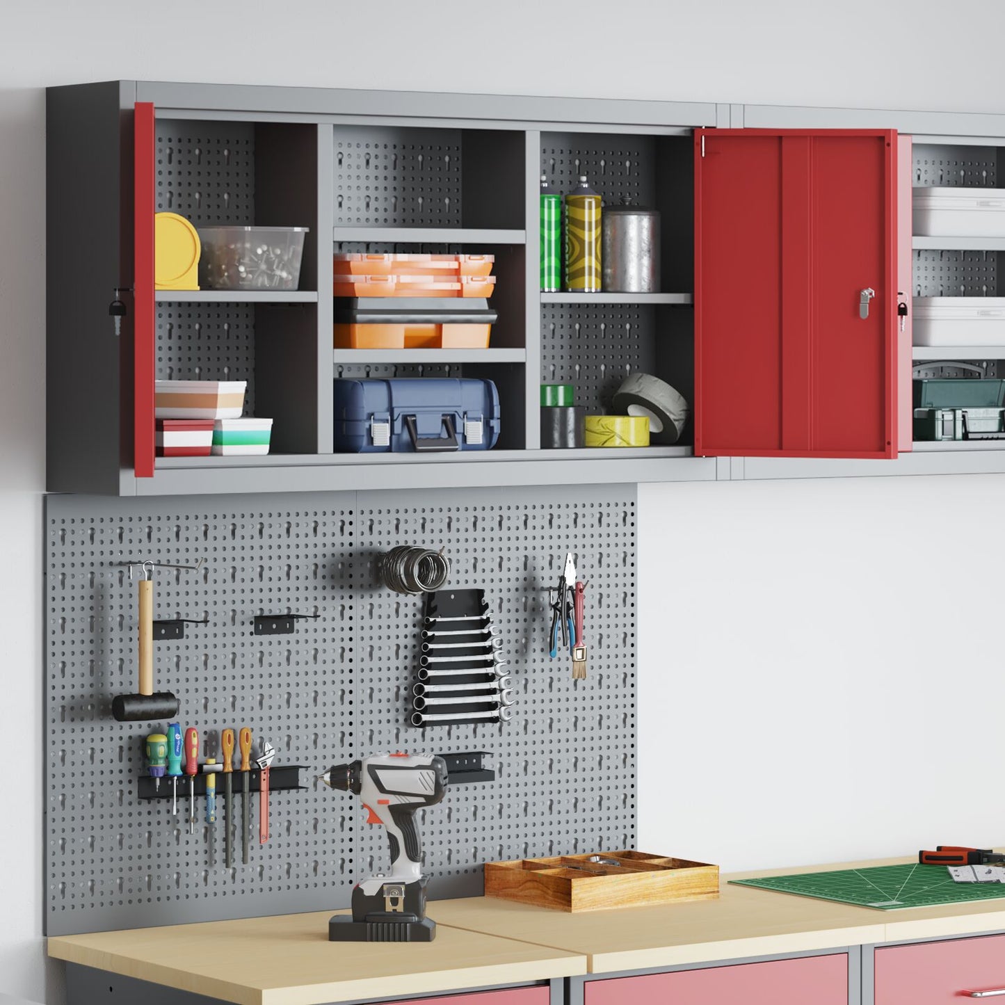 3-Delige Gereedschapskast En Pegboard Set Wandgemonteerd Rode Metaal