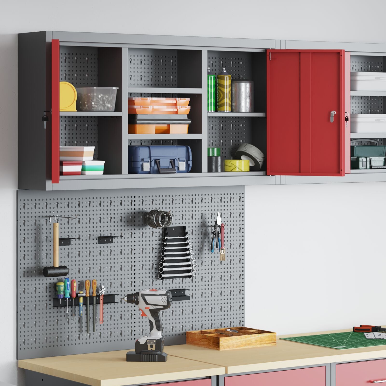3-Delige Gereedschapskast En Pegboard Set Wandgemonteerd Rode Metaal