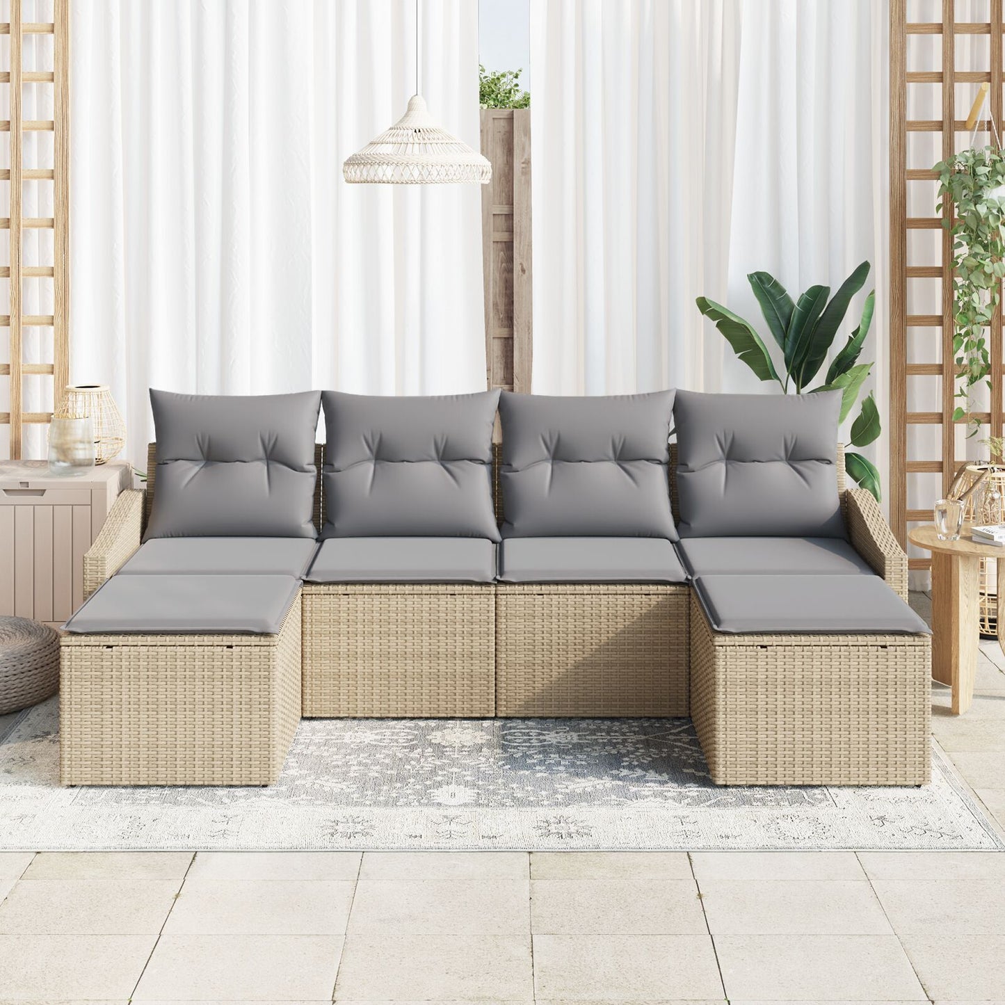6-Delige Tuindiningset Met Kussens Beige Poly Rattan