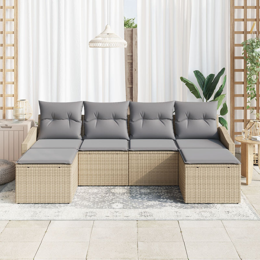 6-Delige Tuindiningset Met Kussens Beige Poly Rattan