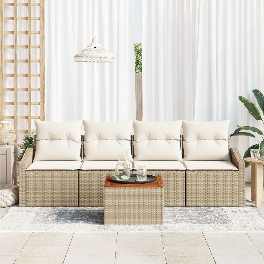 5-Delige Tuinbankset Met Kussens Beige Poly Rattan Acacia