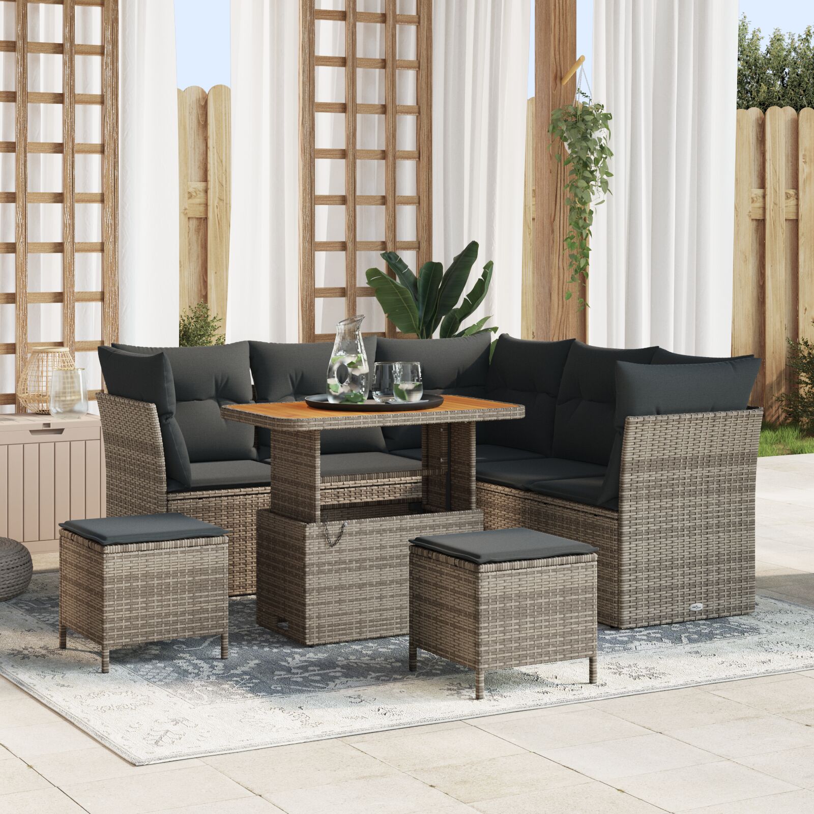 8-Piece Tuin Sofa Set Met Kussens Grijs Poly Rattan Acacia, 3-Piece Tuin Eet Set Met Kussens Grijs Poly Rattan Acacia Wit