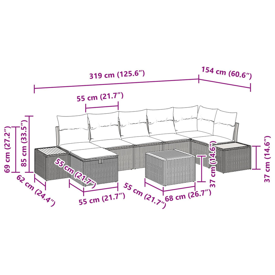 8-Delige Tuin Sofa Set Met Kussens Grijs Poly Rattan