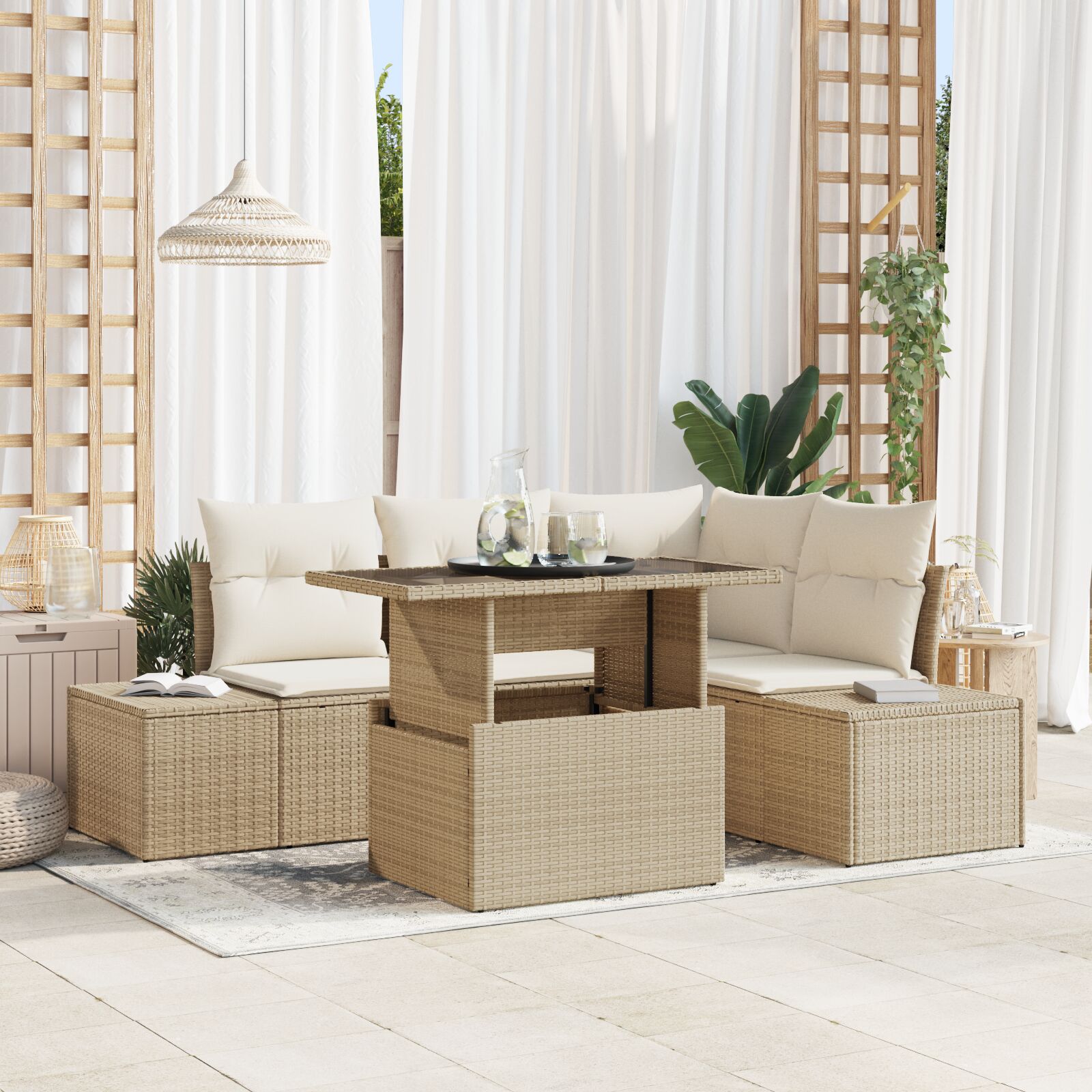 Tuin Sofa Set Set Van 5 Natuurlijk Beige Rattan En Metaal