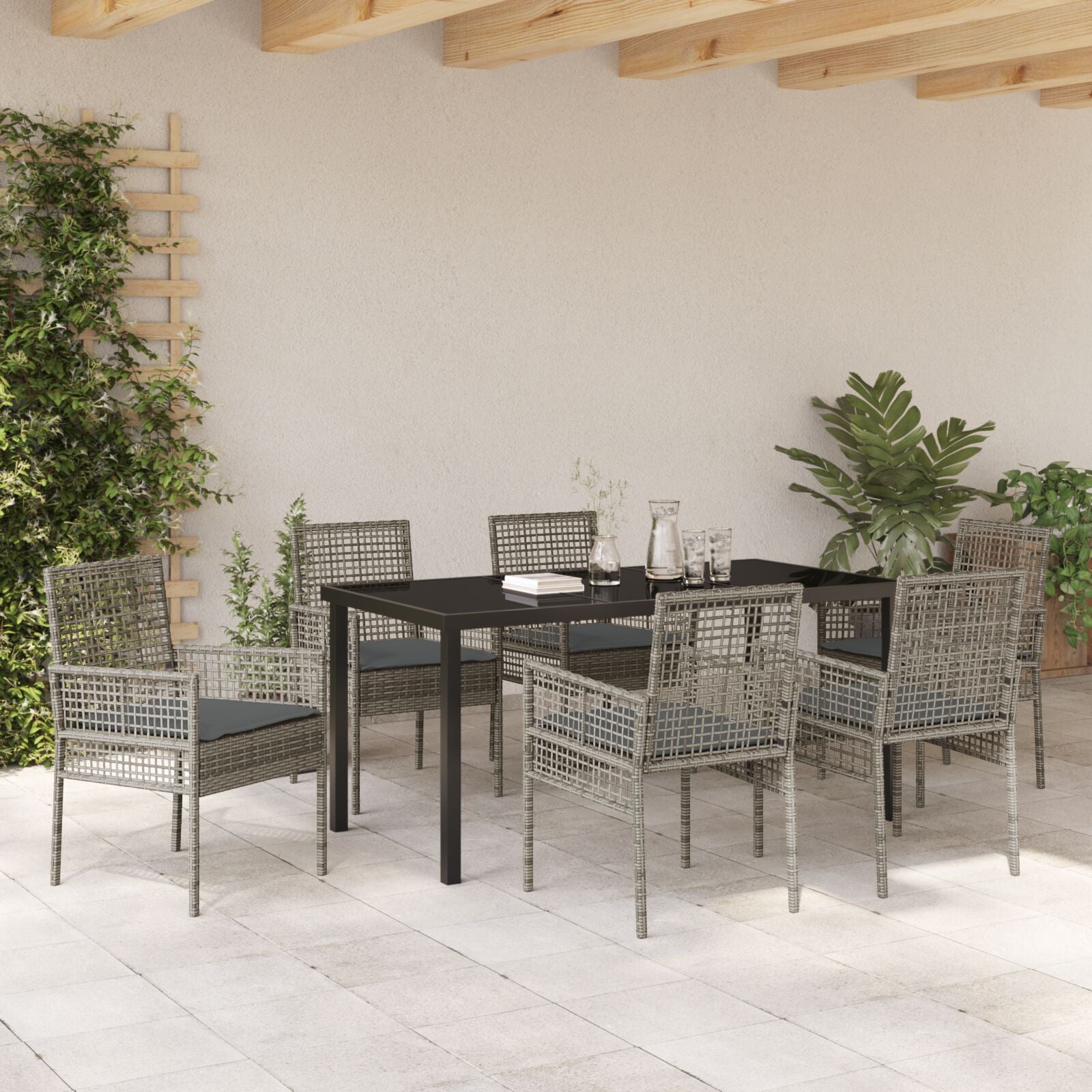 7-Delige Tuin Eetset Met Kussens Grijze Poly Rattan