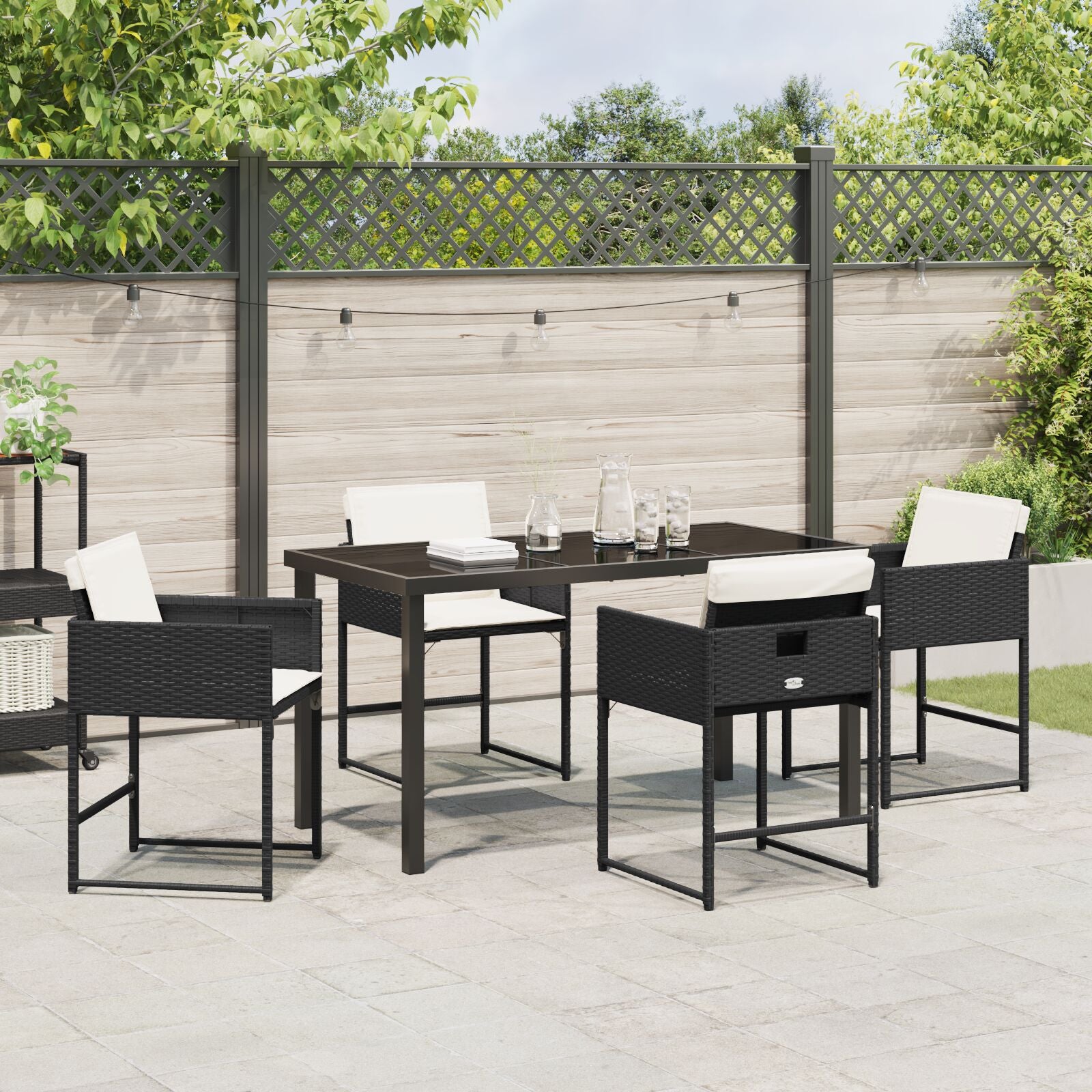 5 Delige Tuin Eettafel Set Met Kussens Zwart Poly Rattan