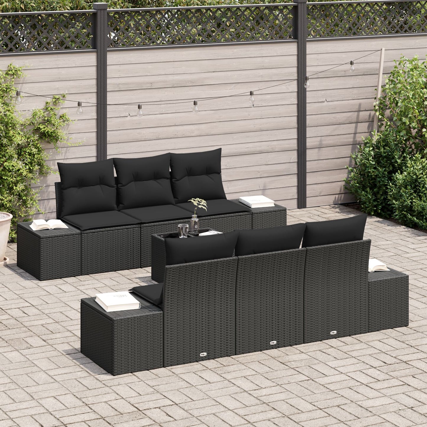 7-Delige Tuin Sofa Set Met Kussens Zwart Poly Rattan