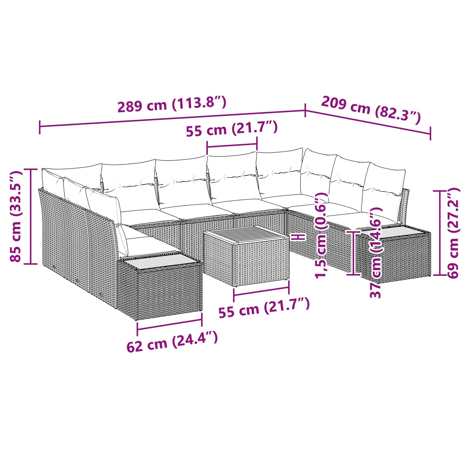 10-Delige Tuin Sofa Set Met Kussens Grijs Poly Rattan Acacia