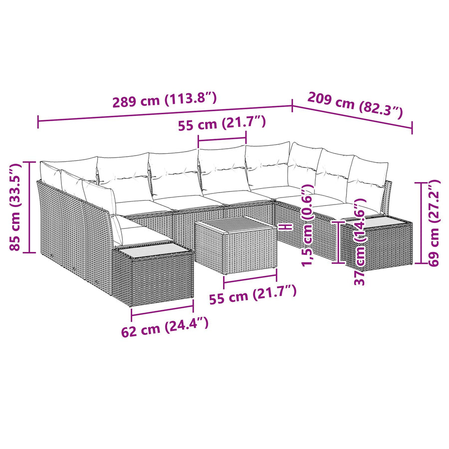 10-Delige Tuin Sofa Set Met Kussens Grijs Poly Rattan Acacia