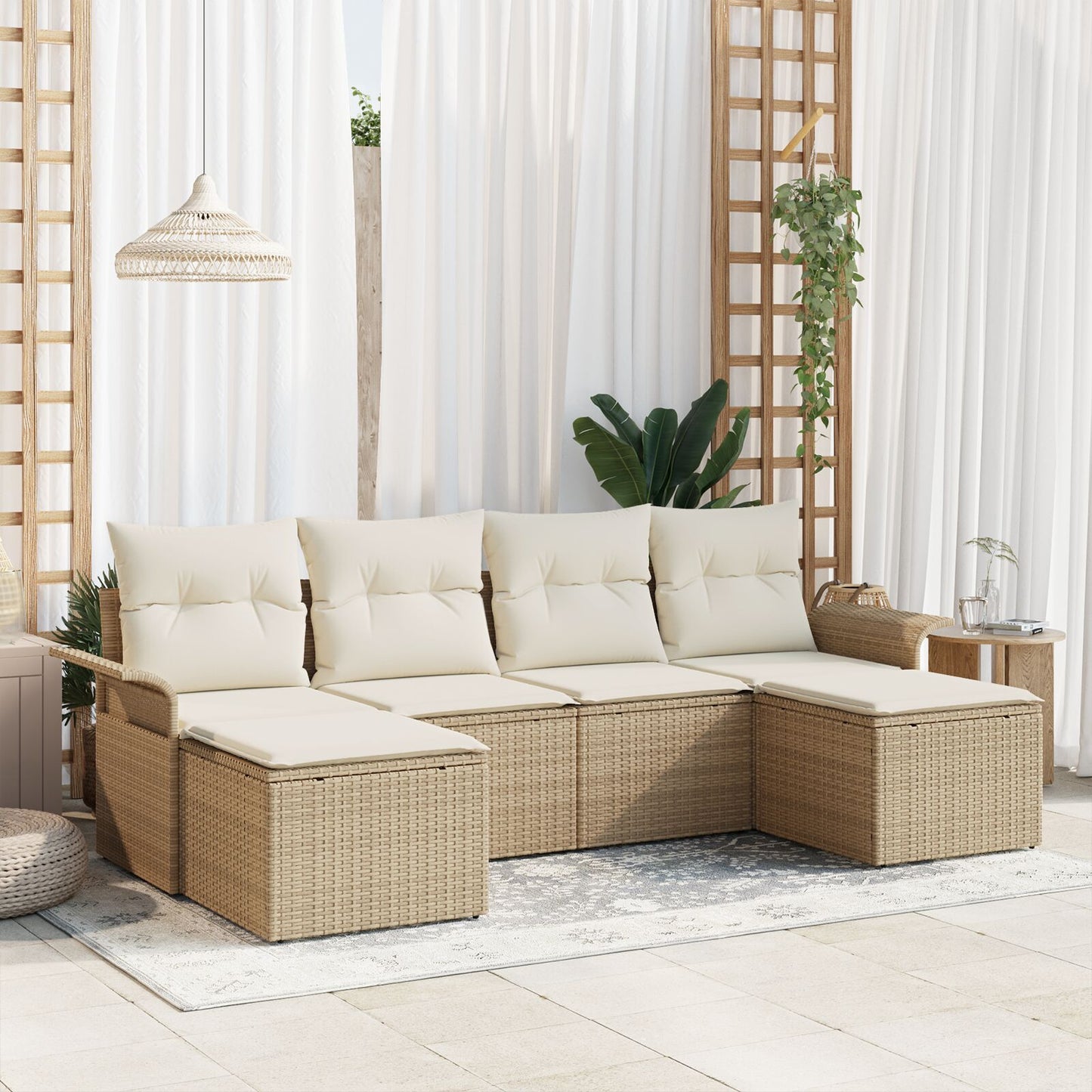 6-Delige Tuinbankset Met Kussens Beige Poly Rattan