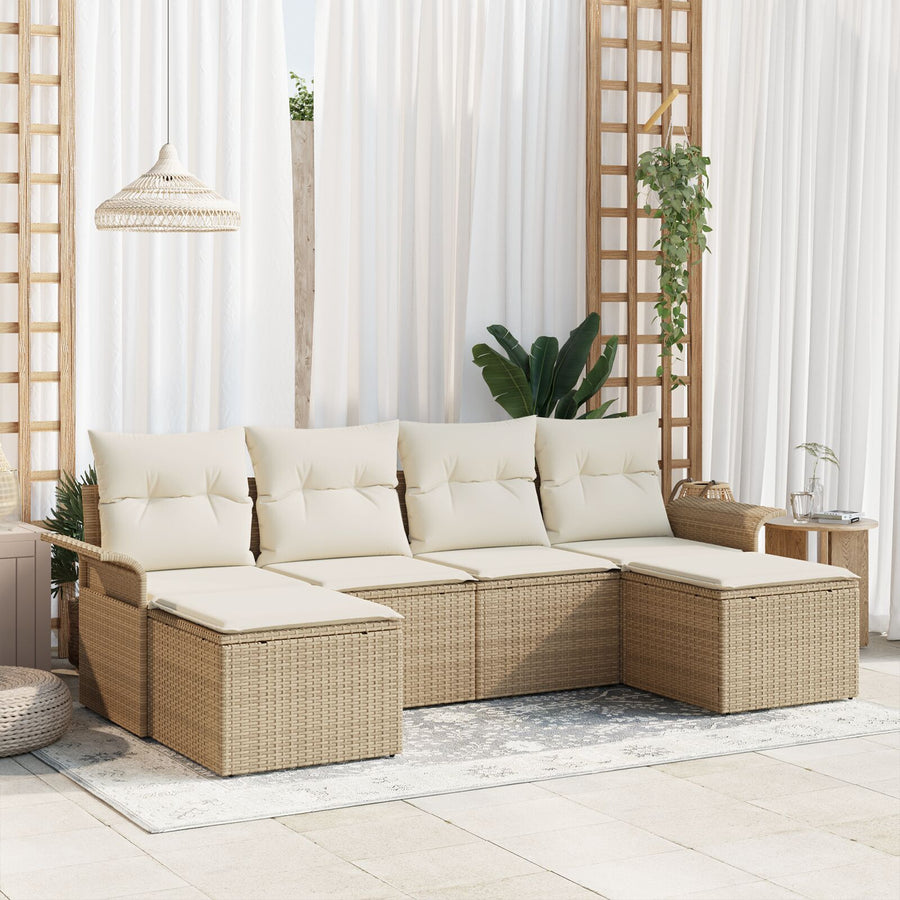 6-Delige Tuinbankset Met Kussens Beige Poly Rattan