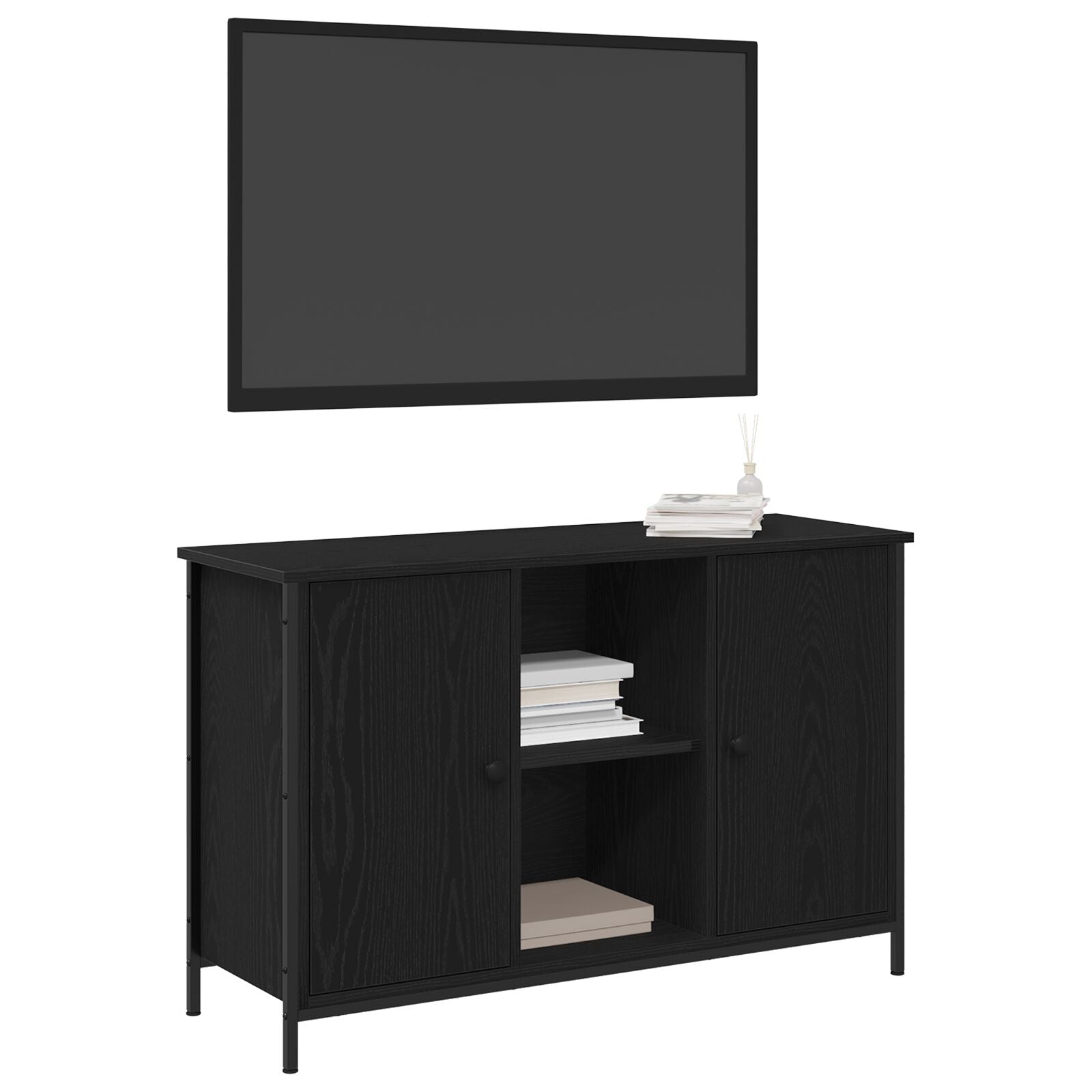 Tv Kast Zwart Eiken 101X35X65 Cm Geëngineerd Hout En Staal