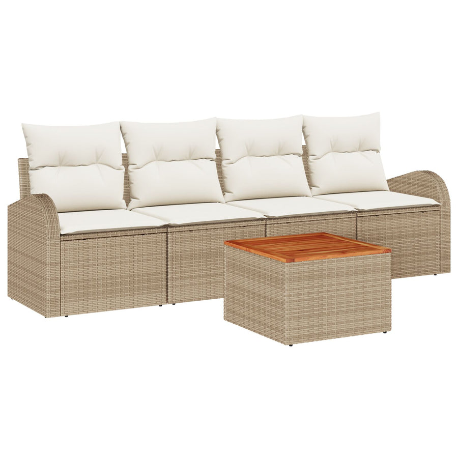 5-Delige Tuin Sofaset Met Kussens Beige Poly Rattan Acacia