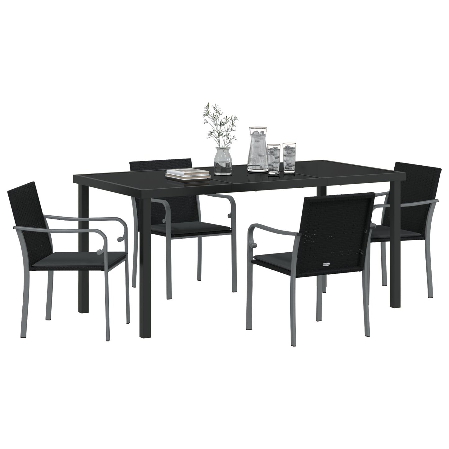 5-Delige Tuin Eettafelset Met Kussens Poly Rattan 4-zits Zwart 160 cm