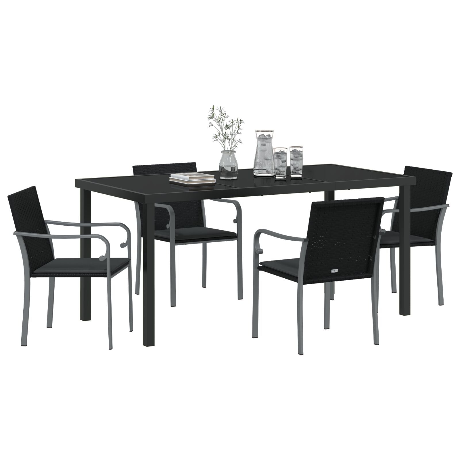 5-Delige Tuin Eettafelset Met Kussens Poly Rattan 4-zits Zwart 160 cm