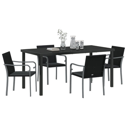 5-Delige Tuin Eettafelset Met Kussens Poly Rattan 4-zits Zwart 160 cm