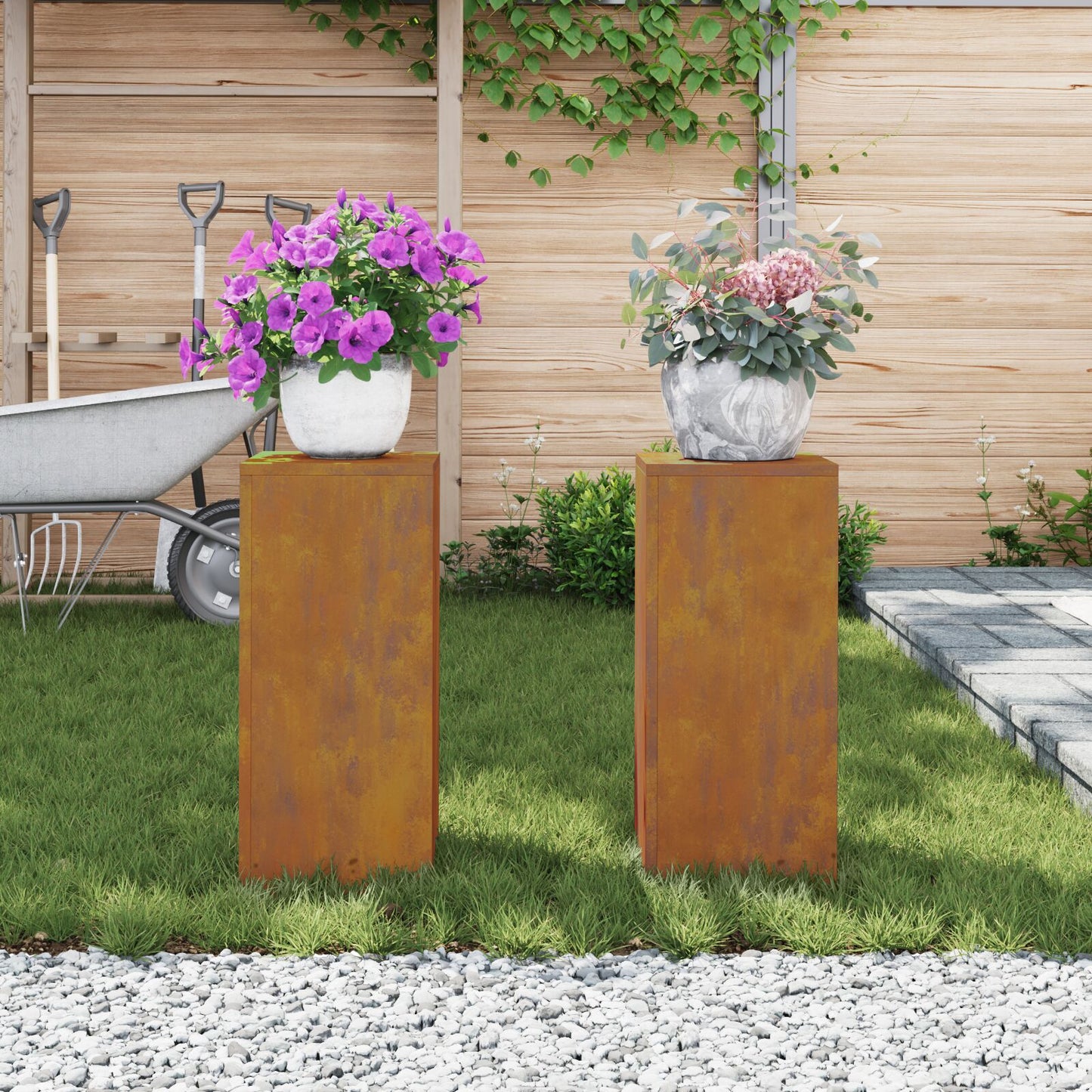 Buitenplantstands Pilaar 2 Stuks 24X24X55 Cm Verweringsstaal 2x (55 cm)