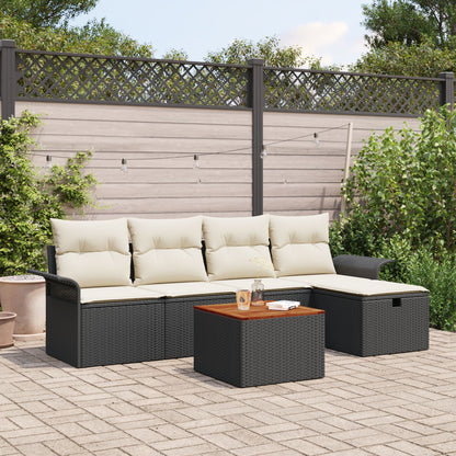 6-Delige Tuin Sofaset Met Kussens Zwart Poly Rattan