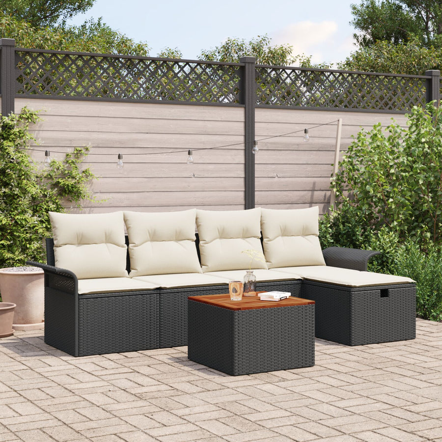 6-Delige Tuin Sofaset Met Kussens Zwart Poly Rattan