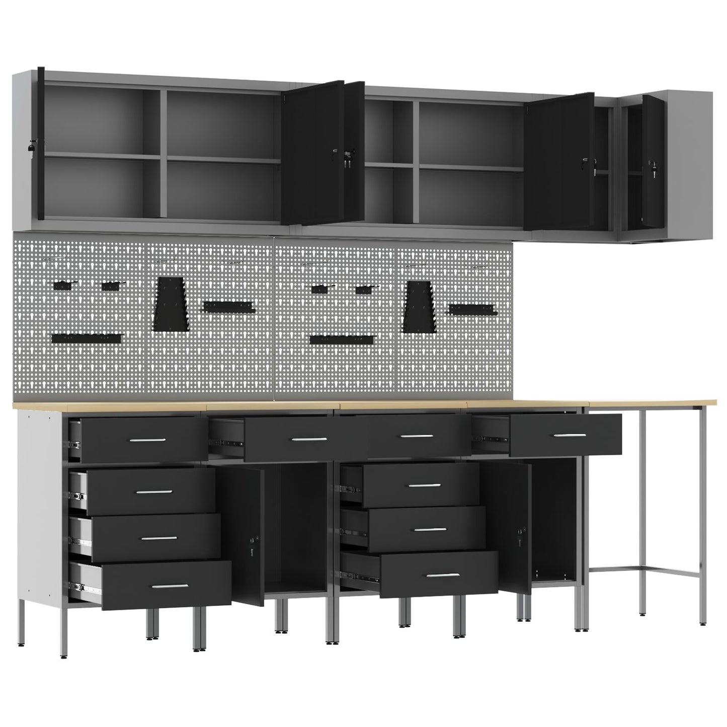 12-Delige Werkbank En Pegboard Set Mdf En Metaal 4x (2x84/2x85 cm) Zwart Tafel + 7x kast + 4x pegboard