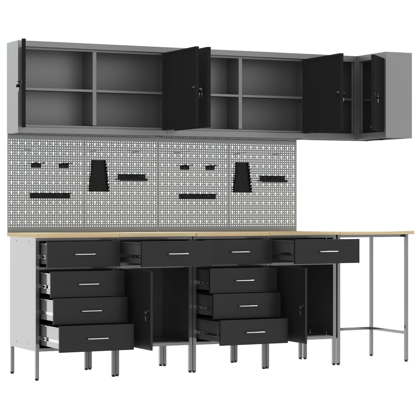 12-Delige Werkbank En Pegboard Set Mdf En Metaal 4x (2x84/2x85 cm) Zwart Tafel + 7x kast + 4x pegboard