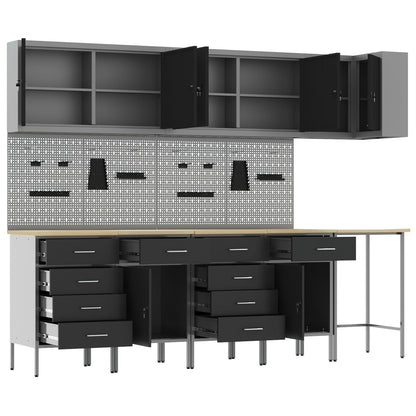 12-Delige Werkbank En Pegboard Set Mdf En Metaal 4x (2x84/2x85 cm) Zwart Tafel + 7x kast + 4x pegboard