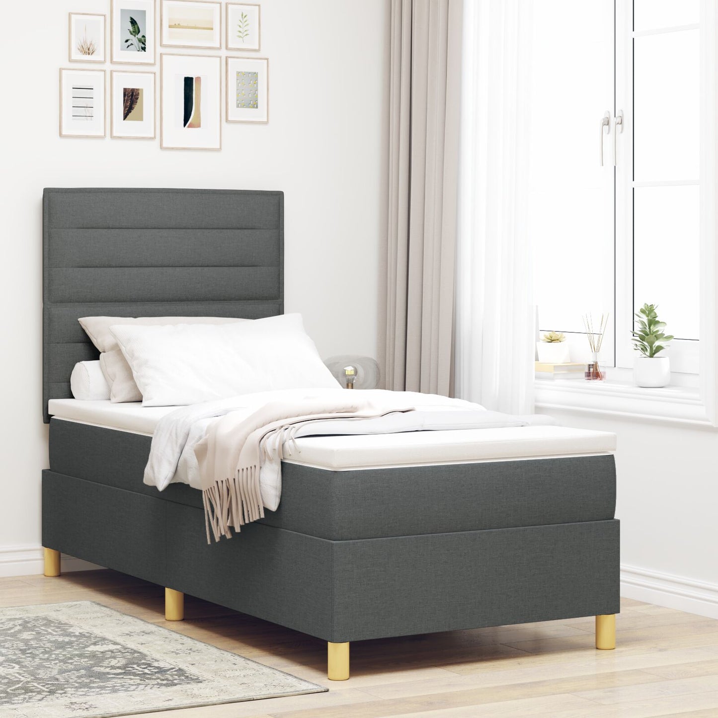 Boxspringbed Met Matras Donkergrijs 100X200 Cm Stof Blauw