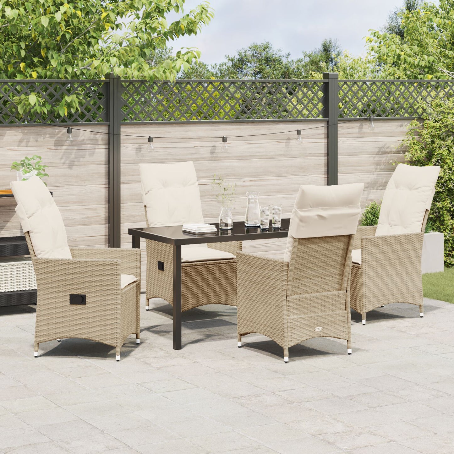 5-Delige Tuin Eetset Met Kussens Beige Poly Riet.