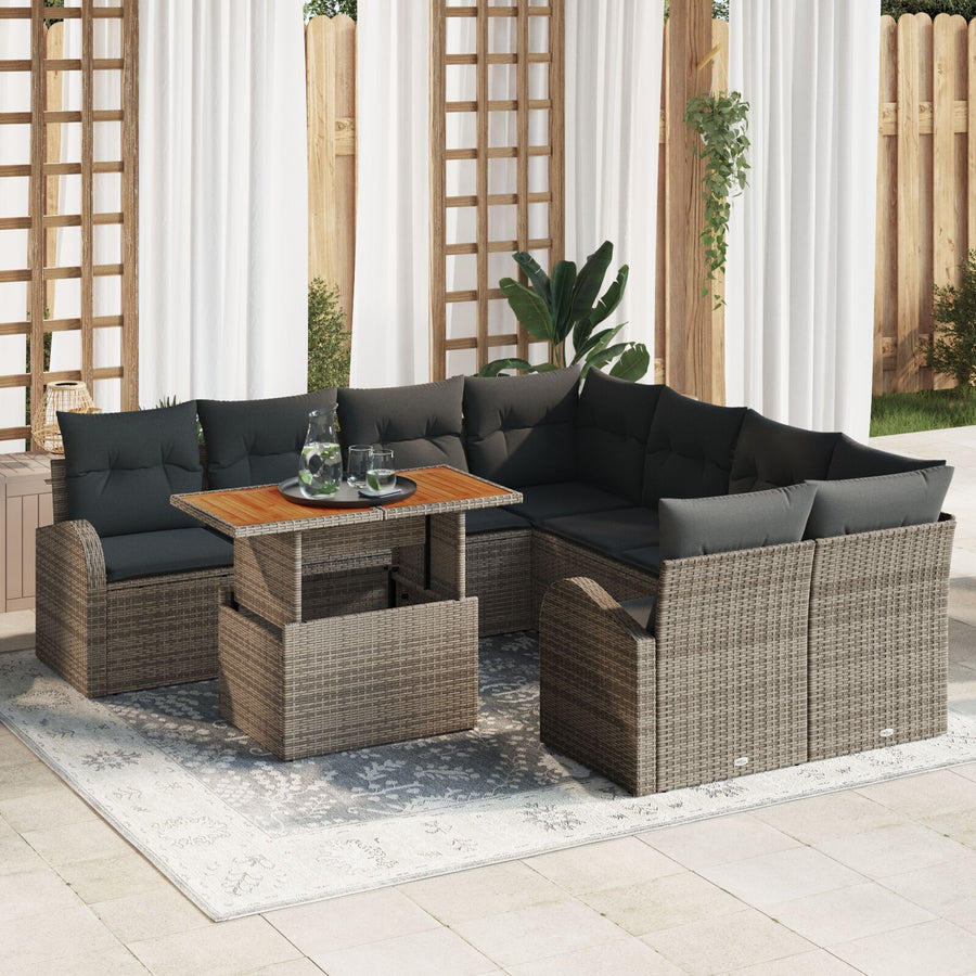 9-Delige Tuin Eettafelset Met Kussens Grijs Poly Rattan Acacia