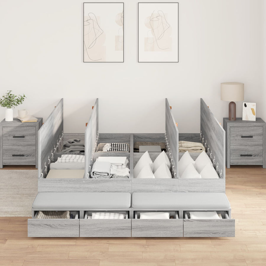 Opslagbedframe Grijs Bewerkt Hout 135,5 X 190 X 31,5 Cm Artisanaal Eiken