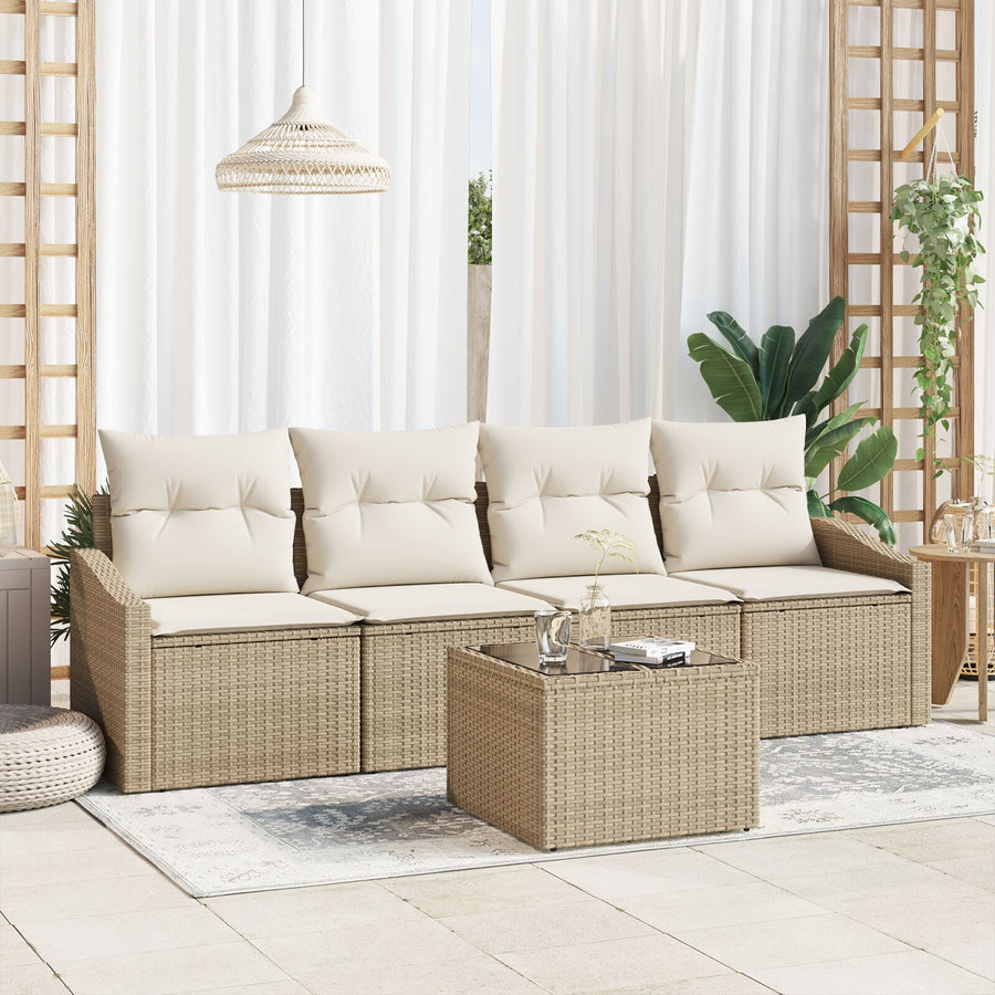 5-Delige Tuinbank Set Met Kussens Beige Poly Rattan