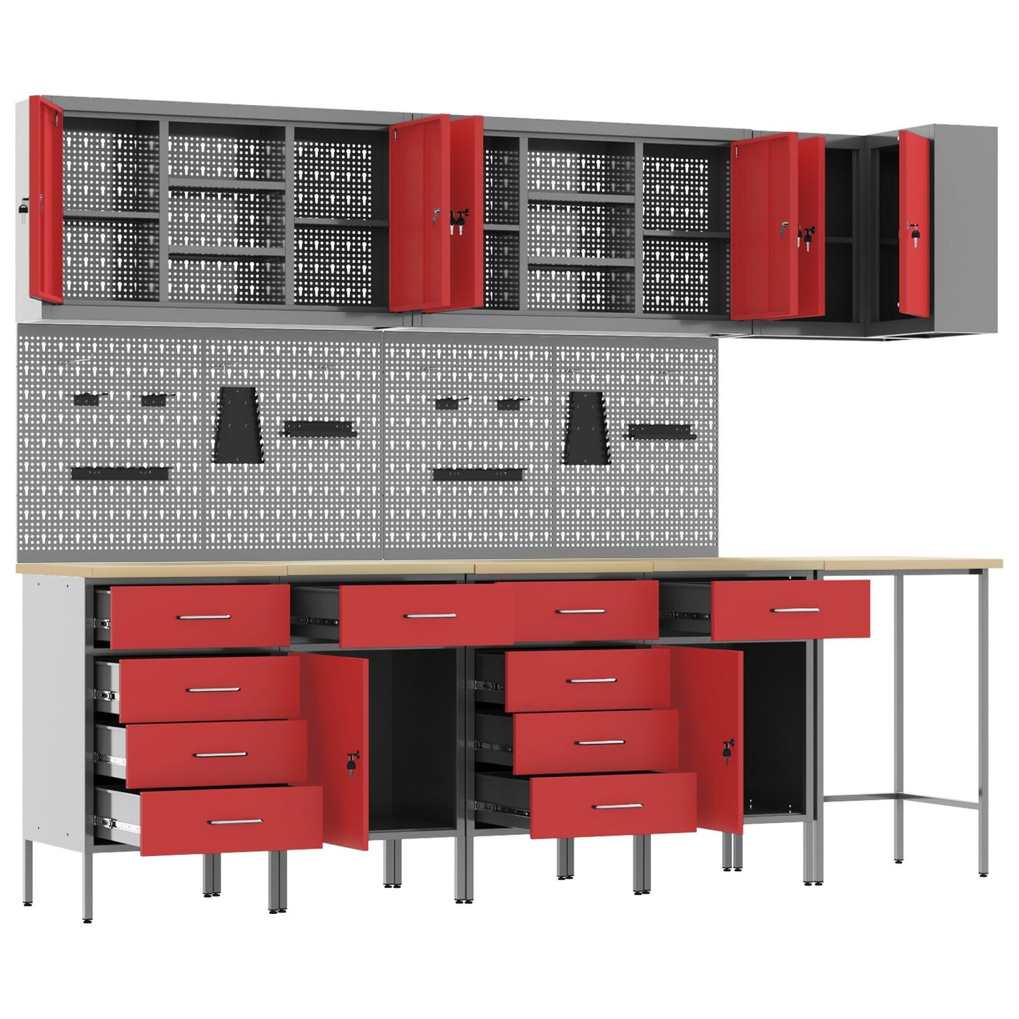 12-Delige Werkcabinet En Pegboard Set In Het Van Mdf En Metaal 4x (2x84/2x85 cm) Rood Tafel + 7x kast + 6x pegboard