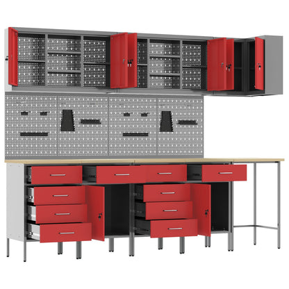 12-Delige Werkcabinet En Pegboard Set In Het Van Mdf En Metaal 4x (2x84/2x85 cm) Rood Tafel + 7x kast + 6x pegboard