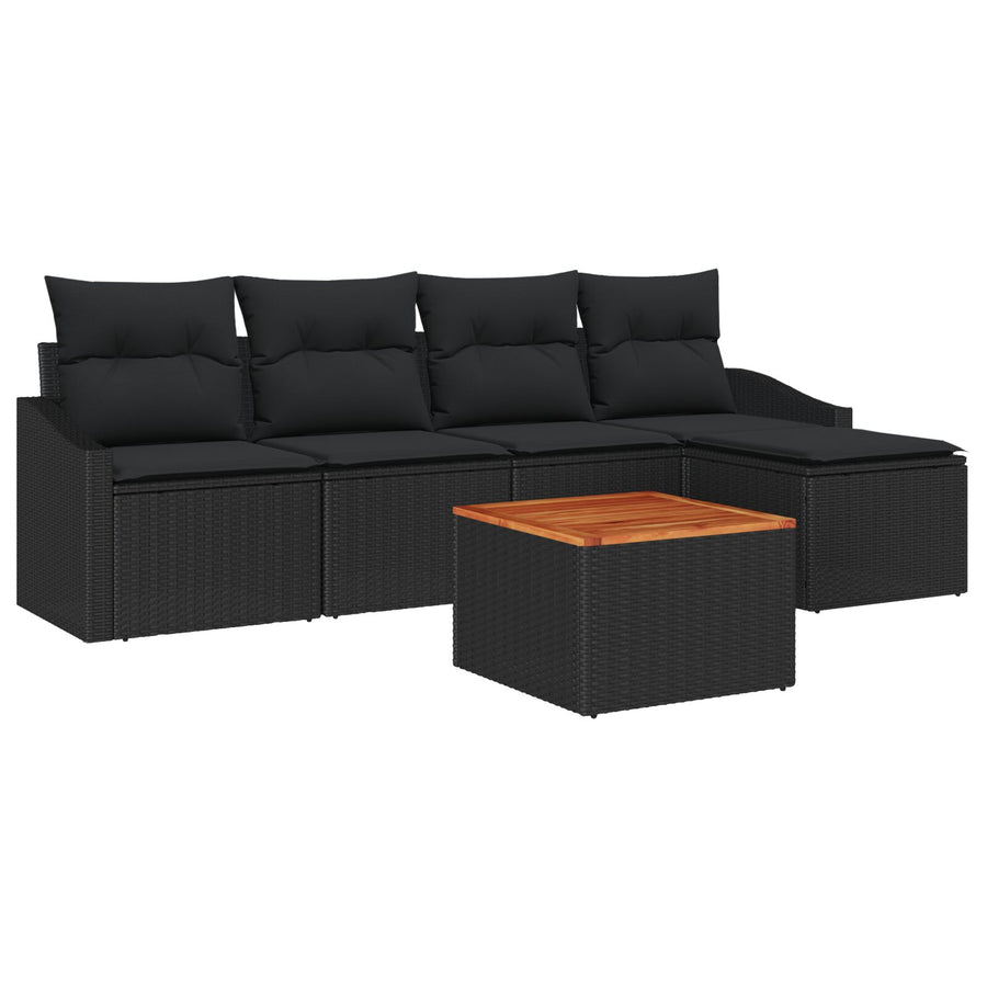 6-Delige Tuinbankset Met Kussens Zwart Poly Rattan Acacia